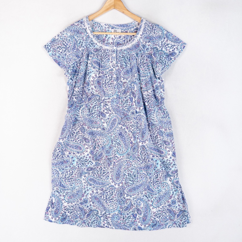 Aria Collection Womens Nightgown XL Blue Paisley Cotton Short Sleeve Sleepwear